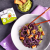 Mace guacamole with purple carrot noodles and tempeh