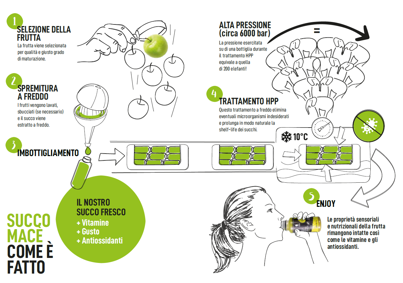 processo di produzione di un succo di frutta estratto a freddo hpp