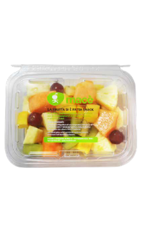 Salade de fruits Mace compose de morceaux de fruits dj lavs et prts  tre consomms. Pomme, raisin, ananas, kiwi et melon.