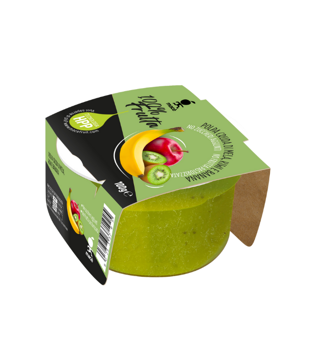 crema di frutta Mace con mela, kiwi e banana. Nessuno zucchero aggiunto. Trattata ad alta pressione hpp