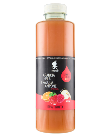 jus de Orange, pomme, fraise et framboise fraîchement pressés, extraits à froid et traités à haute pression hpf